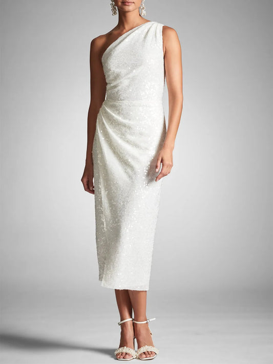 Elegant Red Beaded A-Line One-Shoulder Classic-Sleeve Classic-Back Tea-Length Homecoming Dress