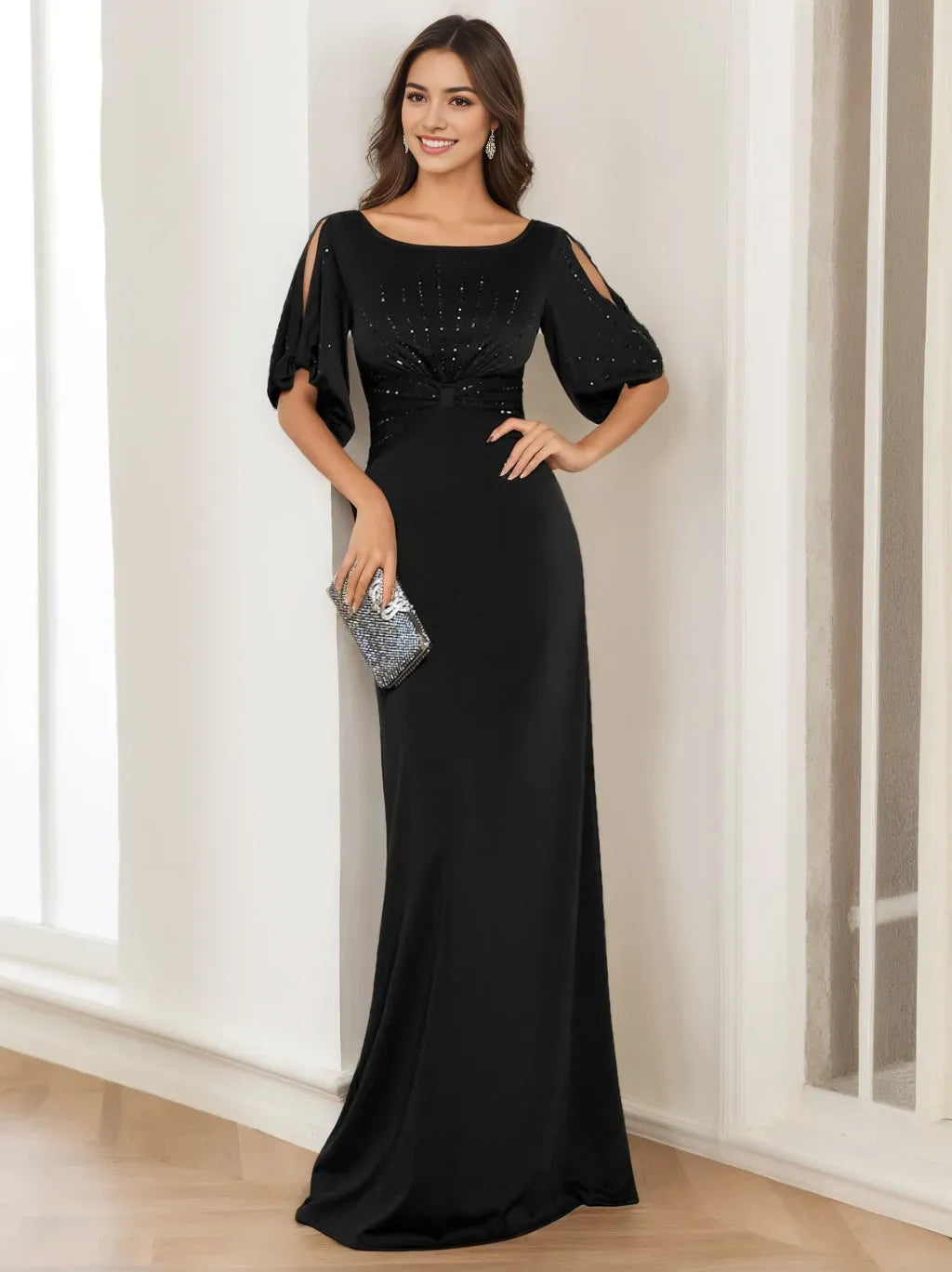 Black Column Round Neck Half Sleeves Floor Length Elegant Mother of the Bride Dresses