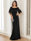Black Column Round Neck Half Sleeves Floor Length Elegant Mother of the Bride Dresses