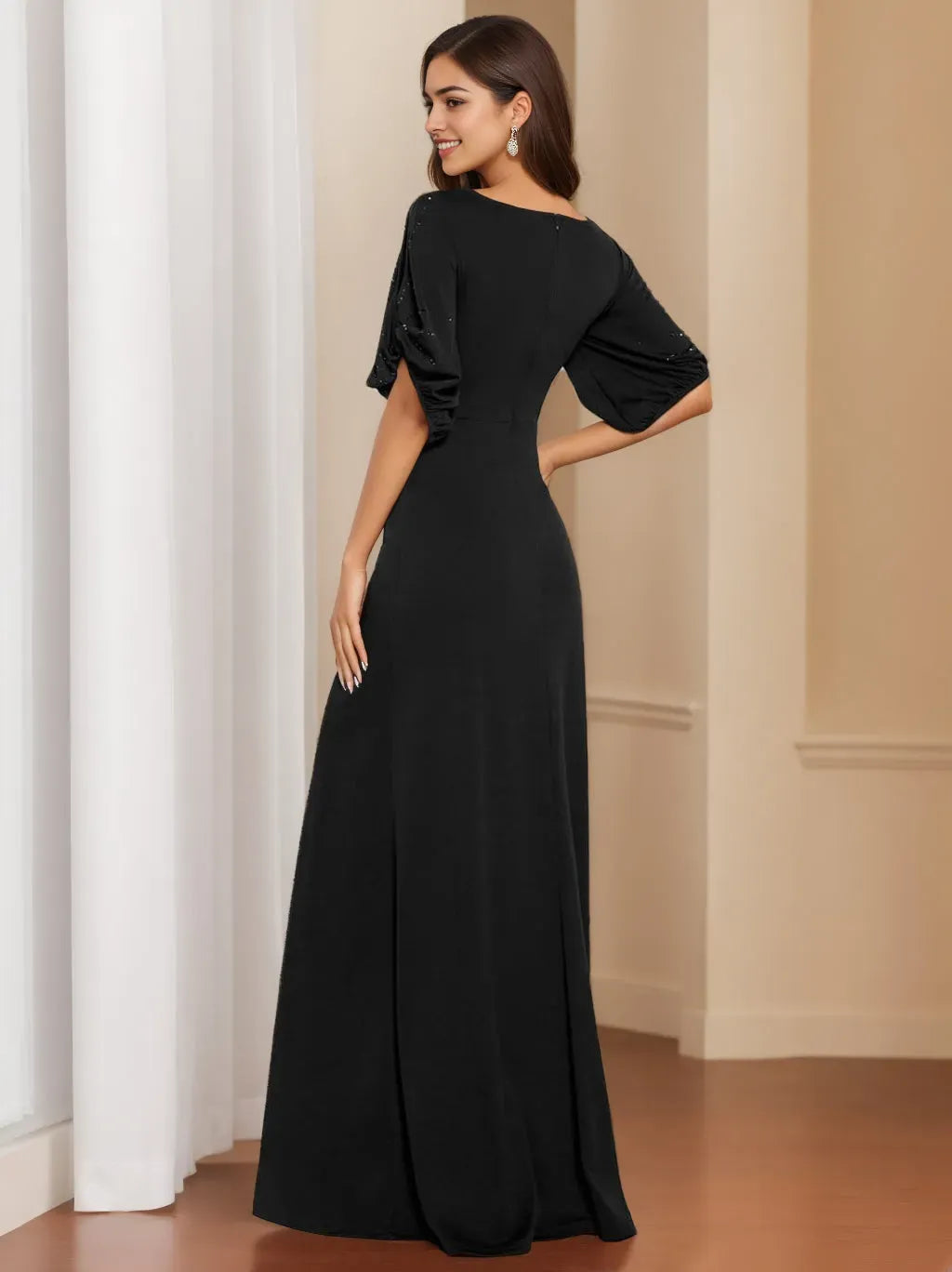 Black Column Round Neck Half Sleeves Floor Length Elegant Mother of the Bride Dresses