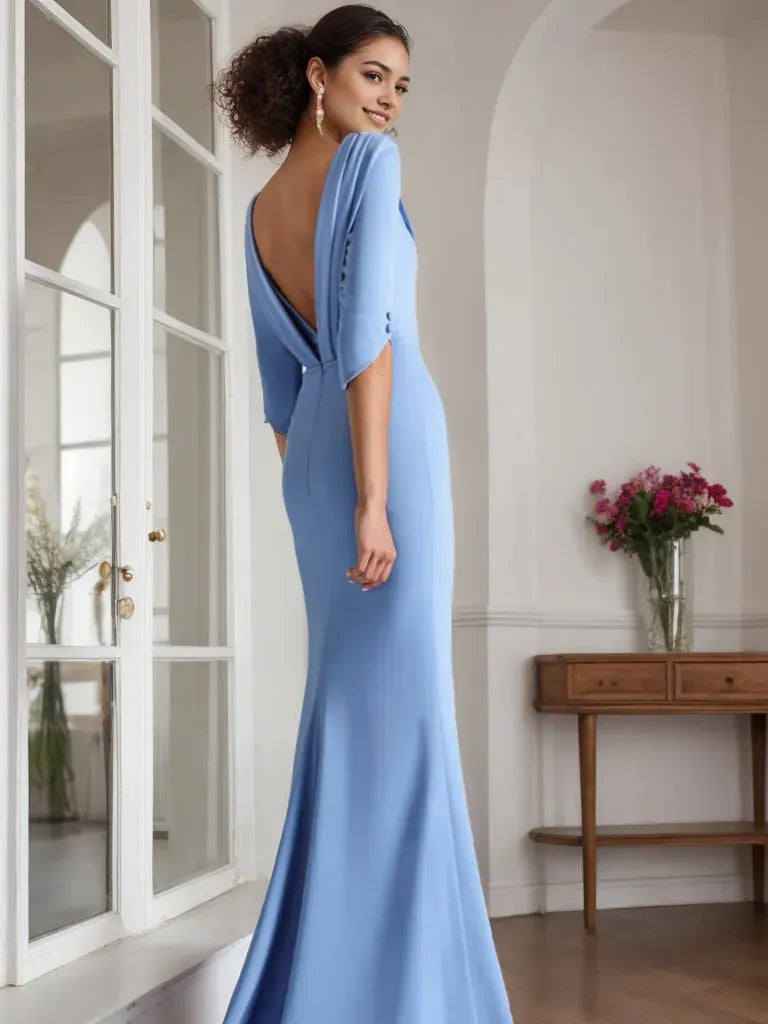 Column Scoop 1/2 Length Sleeves Floor-Length Mother of the Bride Groom Dresses