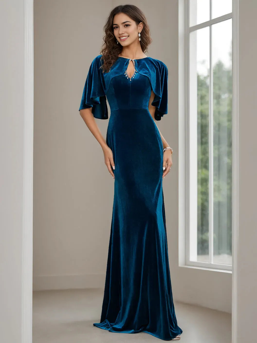 Column Scoop Neck Half Sleeves Floor-Length Mother of the Bride Dresses with Beading, Appliques Sequins