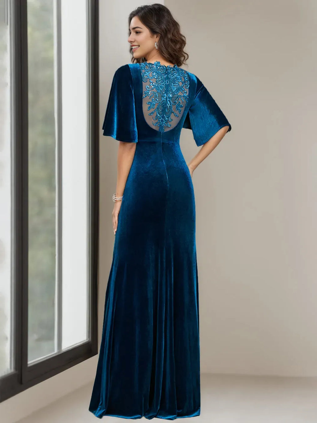 Column Scoop Neck Half Sleeves Floor-Length Mother of the Bride Dresses with Beading, Appliques Sequins