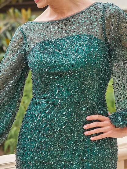 Elegant Red Sequin A-Line Scoop-Neck Long-Sleeve Classic-Back Floor-Length Mother-of-the-Bride Dress