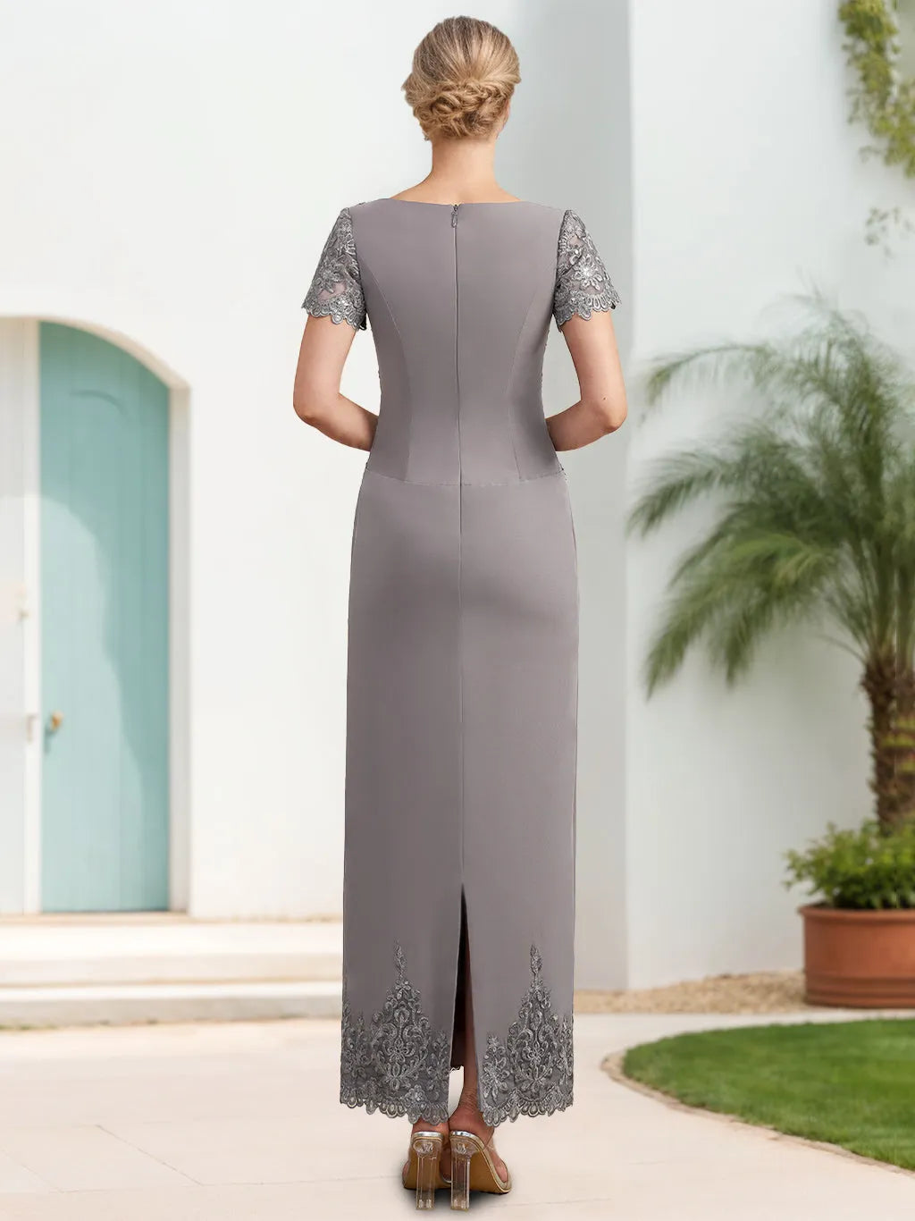 Column Scoop Neck Short Sleeves Ankle-Length Mother of the Bride Dresses with Appliques