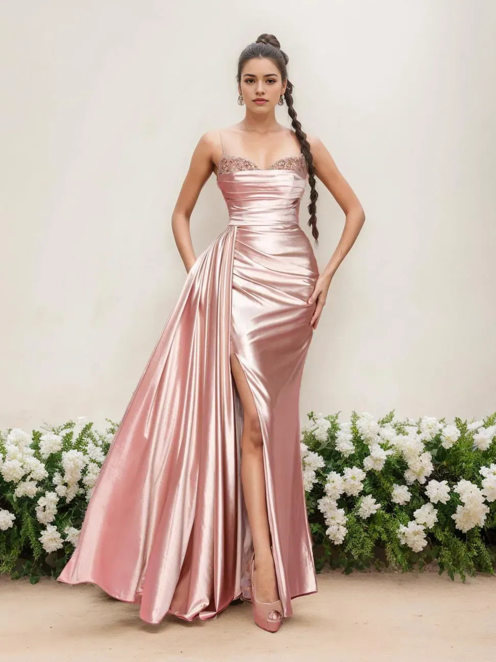 Column Spaghetti Straps Sleeveless Floor-Length Mother of the Bride Dresses with Split Side