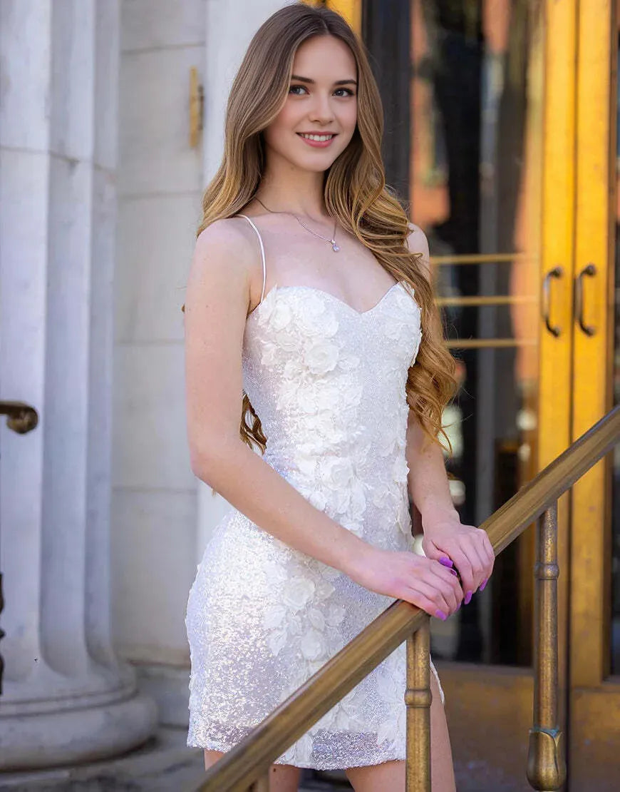 Column Spaghetti Straps Sweetheart Sleeveless Appliques Homecoming Dresses with Split Side