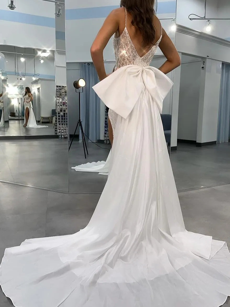 Column Spaghetti Straps V-Neck Wedding Dress with Sequins Split Side