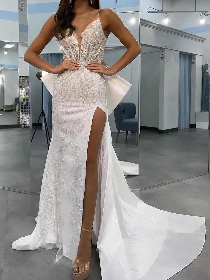 Column Spaghetti Straps V-Neck Wedding Dress with Sequins Split Side