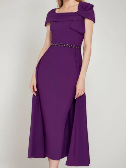 Elegant Red A-Line Square-Neck Classic-Sleeve Classic-Back Floor-Length Mother-of-the-Bride Dress