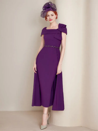 Elegant Red A-Line Square-Neck Classic-Sleeve Classic-Back Floor-Length Mother-of-the-Bride Dress
