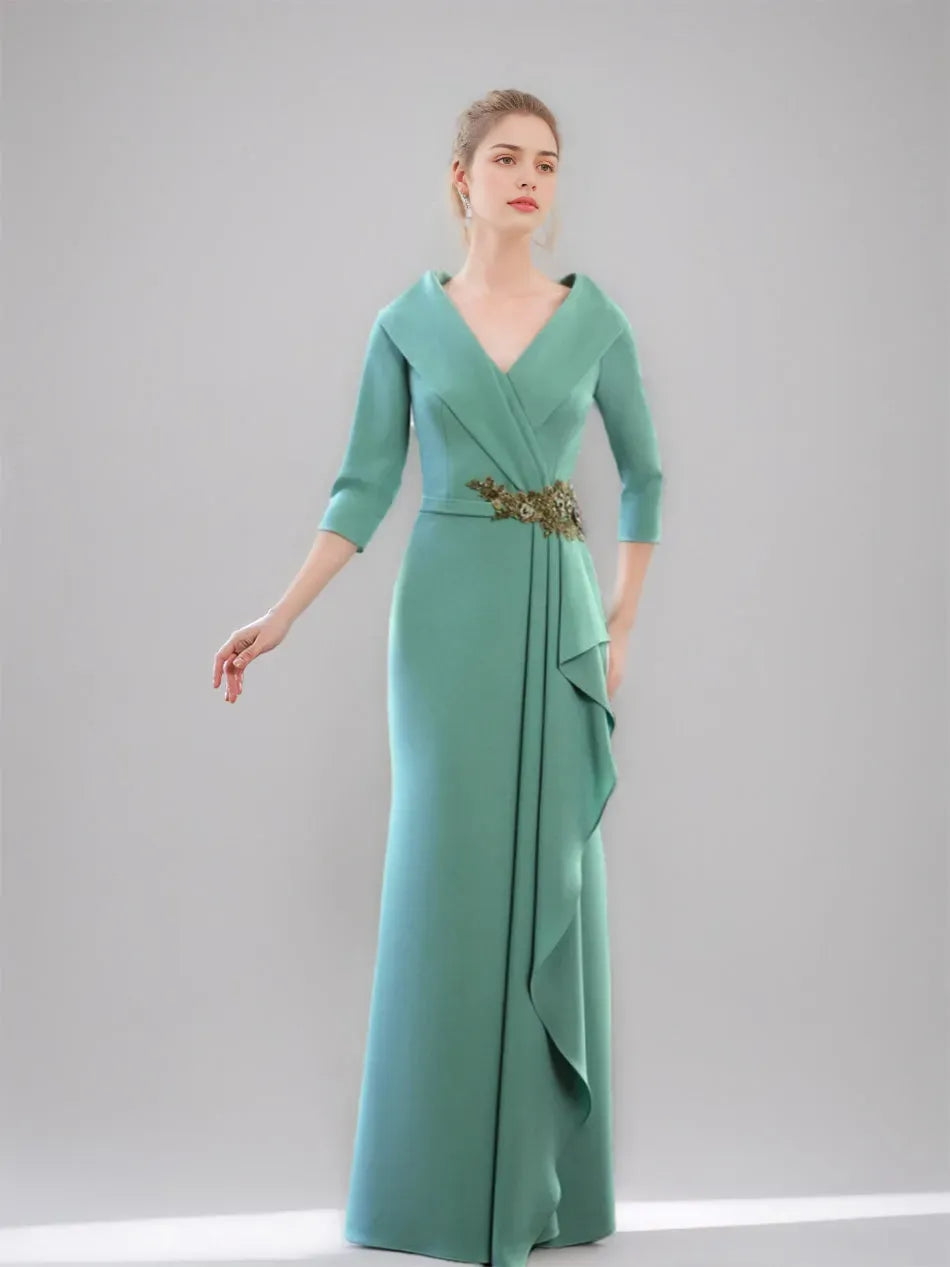 Column V-Neck 3/4 Sleeves Floor-Length Mother of the Bride Dresses with Ruffles Jewel Appliques