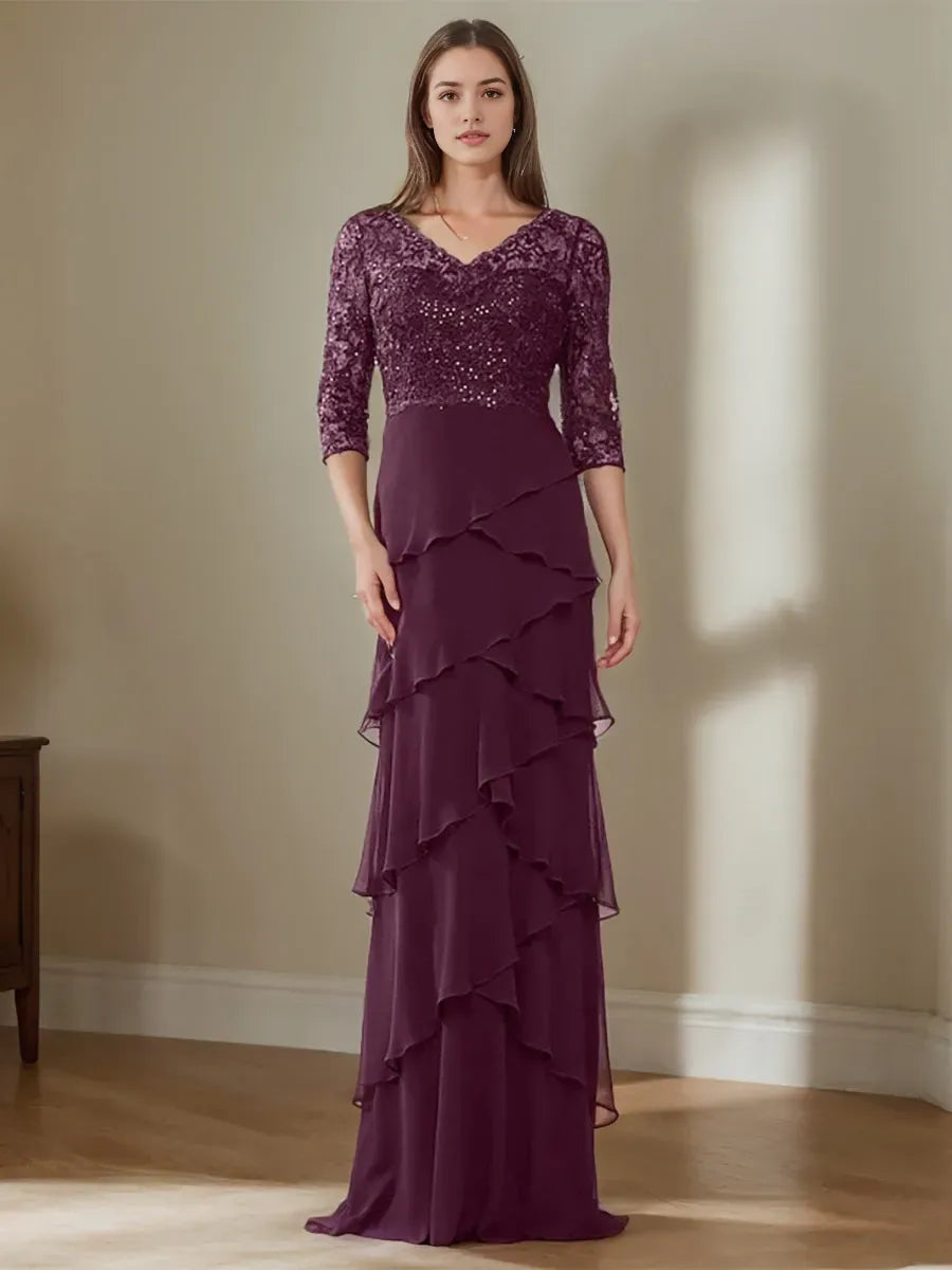 Column V-Neck Elegant Mother of the Bride Groom Dresses with Appliques Ruffles