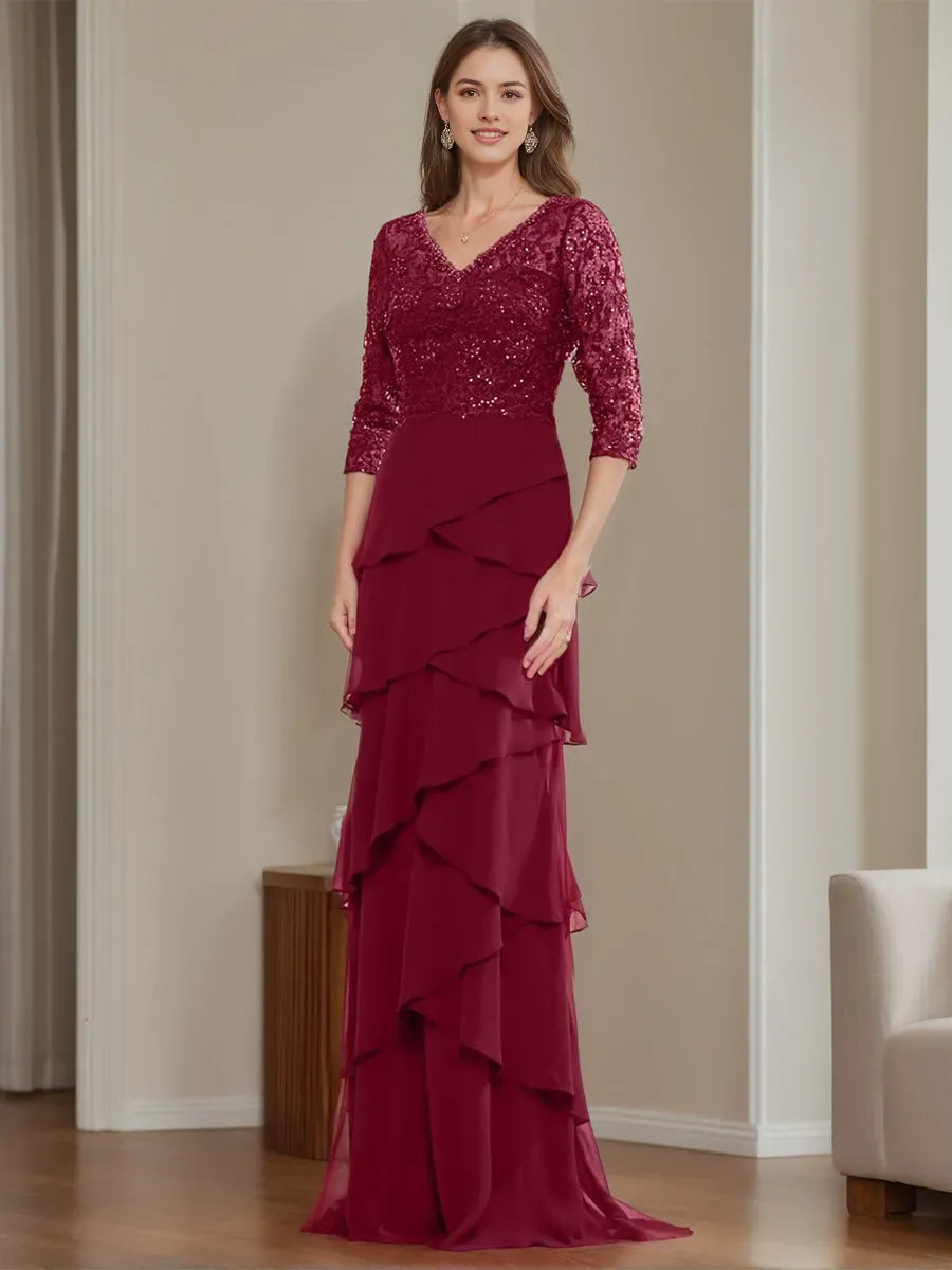 Column V-Neck Elegant Mother of the Bride Groom Dresses with Appliques Ruffles