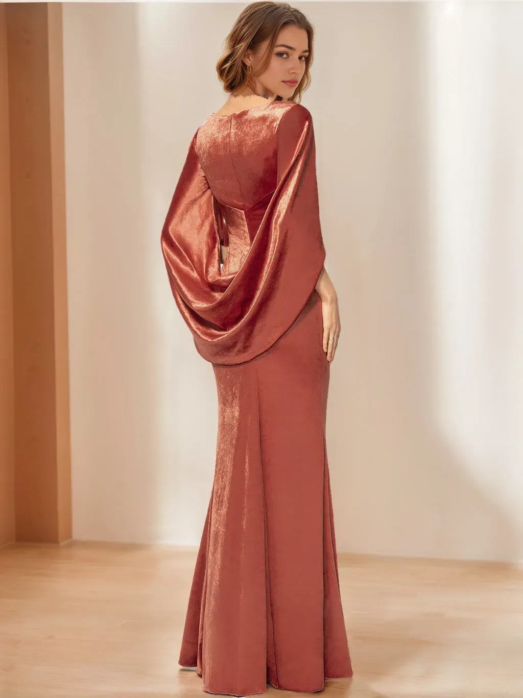 Column V-Neck Half Sleeves Floor-Length Mother of the Bride Dresses with Ruffles