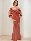 Column V-Neck Half Sleeves Floor-Length Mother of the Bride Dresses with Ruffles