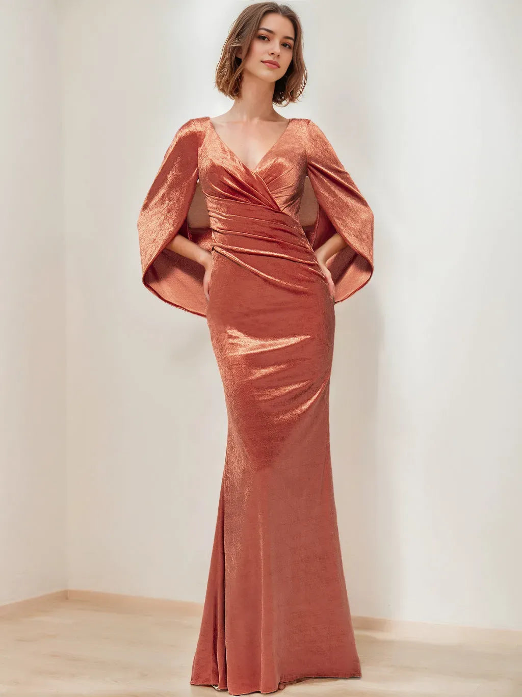 Column V-Neck Half Sleeves Floor-Length Mother of the Bride Dresses with Ruffles