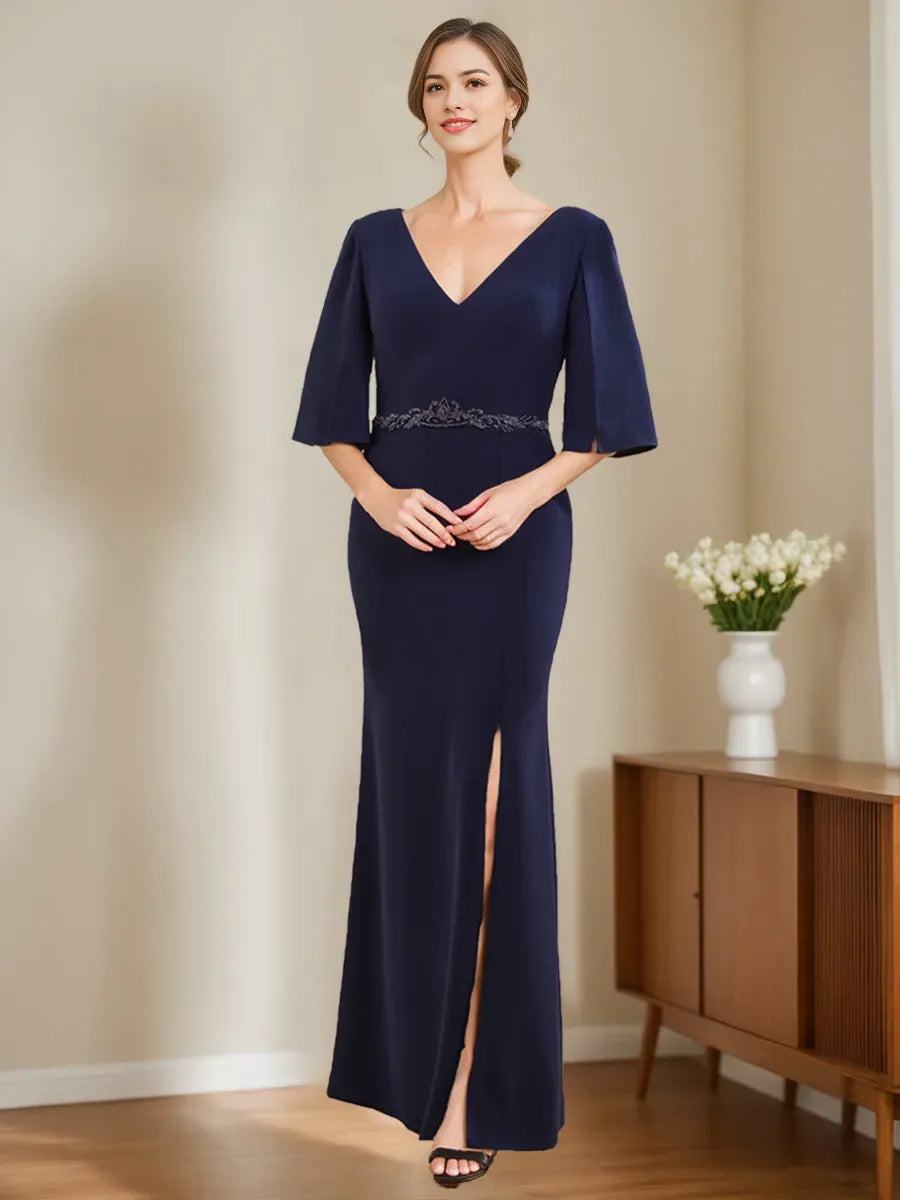 Elegant Red Applique A-Line V-Neck Half-Sleeve Classic-Back Floor-Length Mother-of-the-Bride Dress