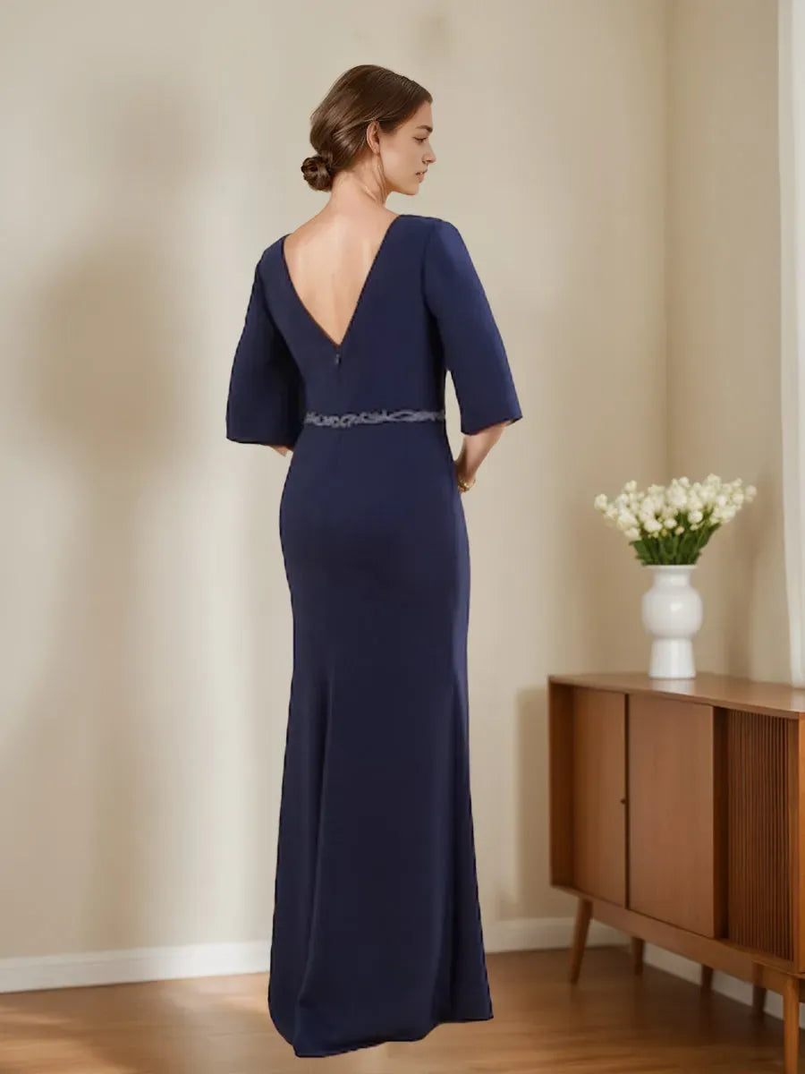 Elegant Red Applique A-Line V-Neck Half-Sleeve Classic-Back Floor-Length Mother-of-the-Bride Dress