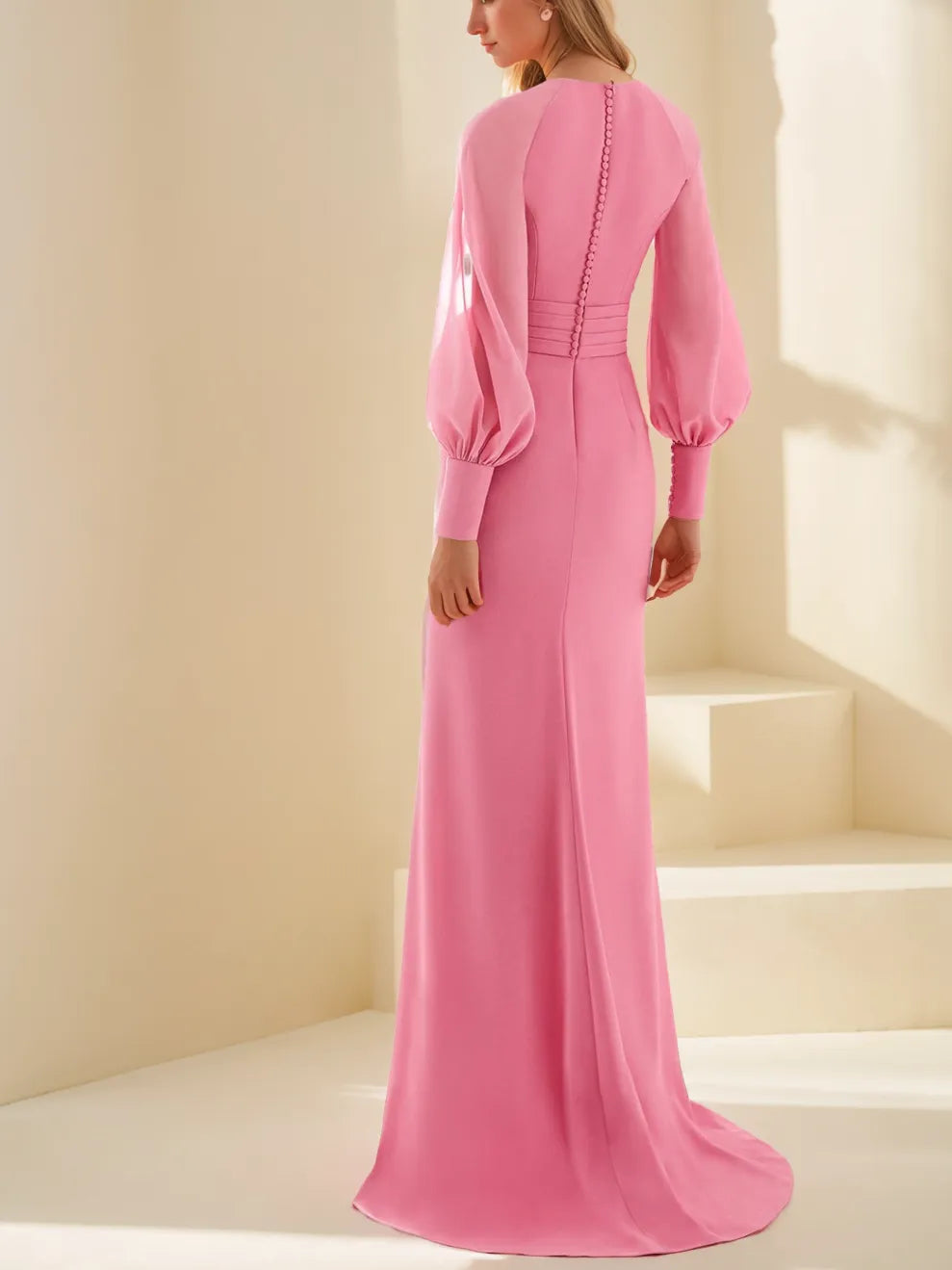 Column V-Neck Long Sleeves Floor-Length Unique Mother of the Bride Dresses with Ruffles