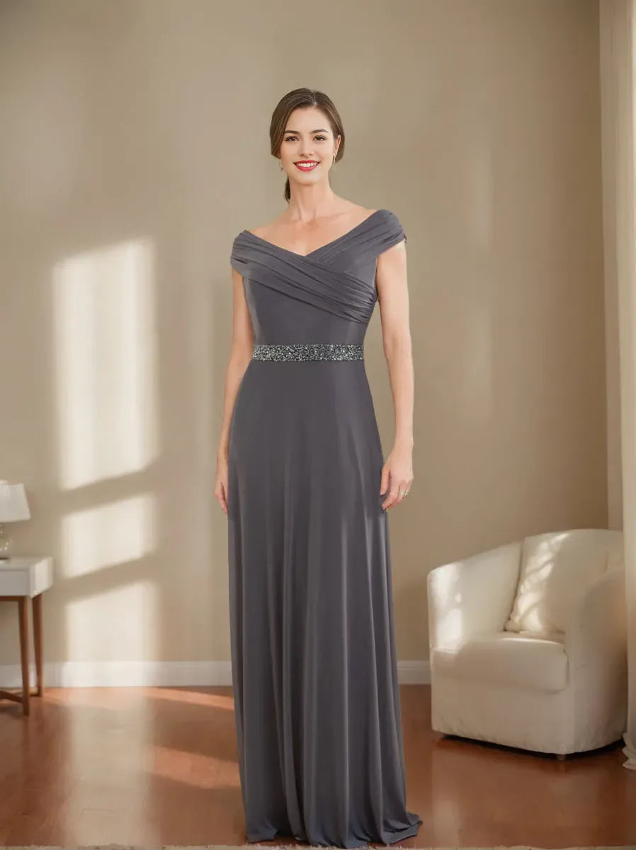 Elegant Red Beaded A-Line V-Neck Classic-Sleeve Classic-Back Floor-Length Mother-of-the-Bride Dress