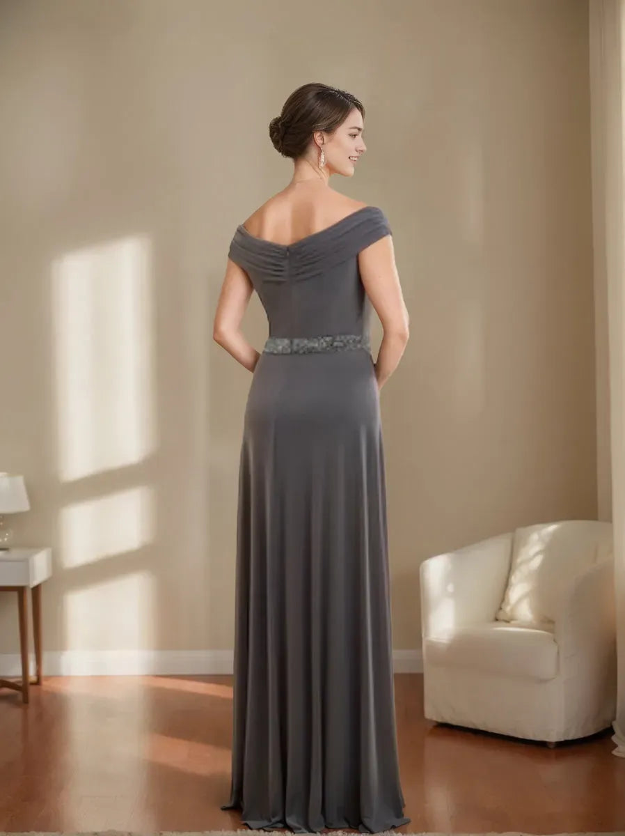 Elegant Red Beaded A-Line V-Neck Classic-Sleeve Classic-Back Floor-Length Mother-of-the-Bride Dress