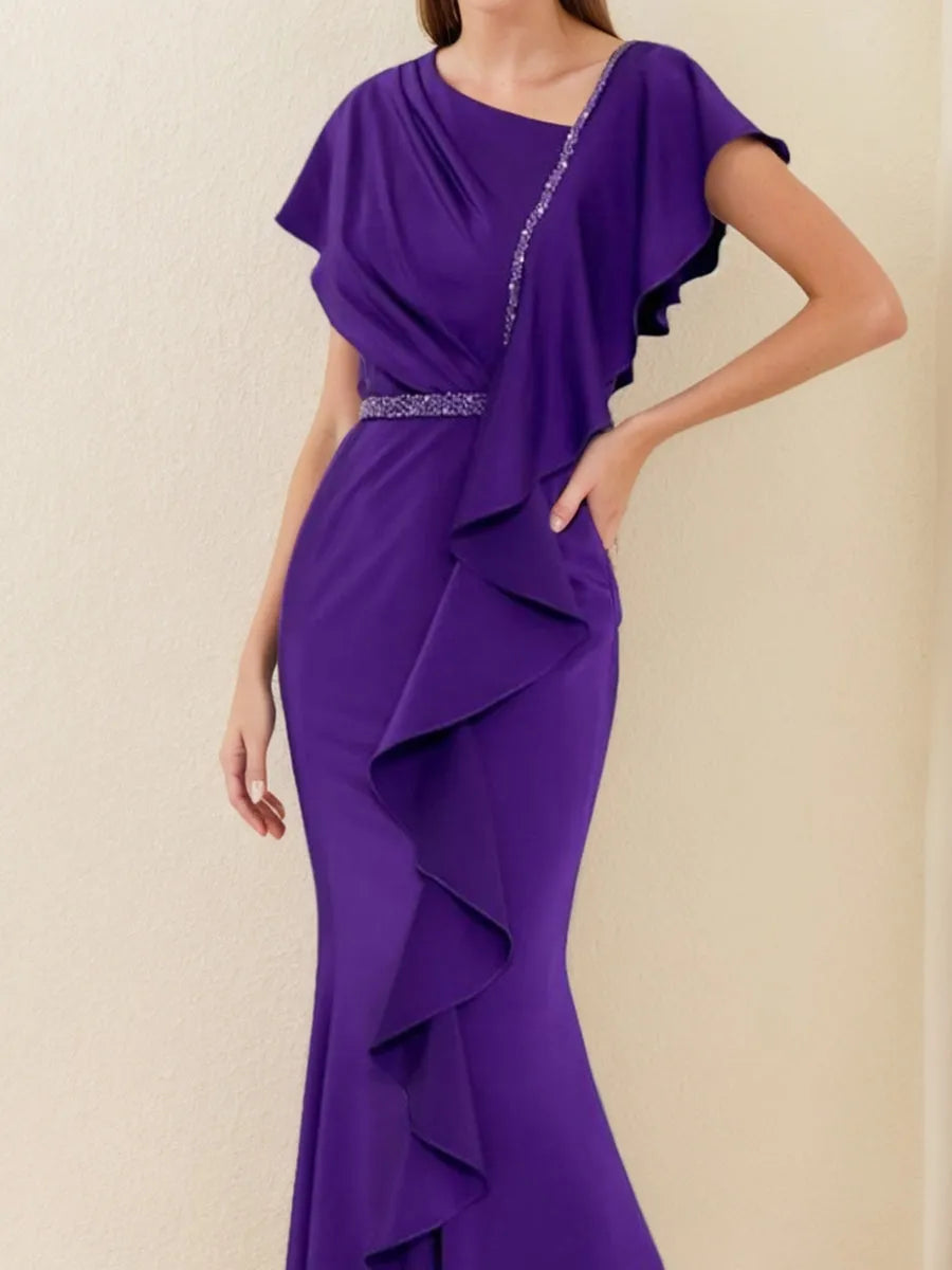 Column V-Neck Short Sleeves Mother of the Bride Groom Dresses with Ruffles