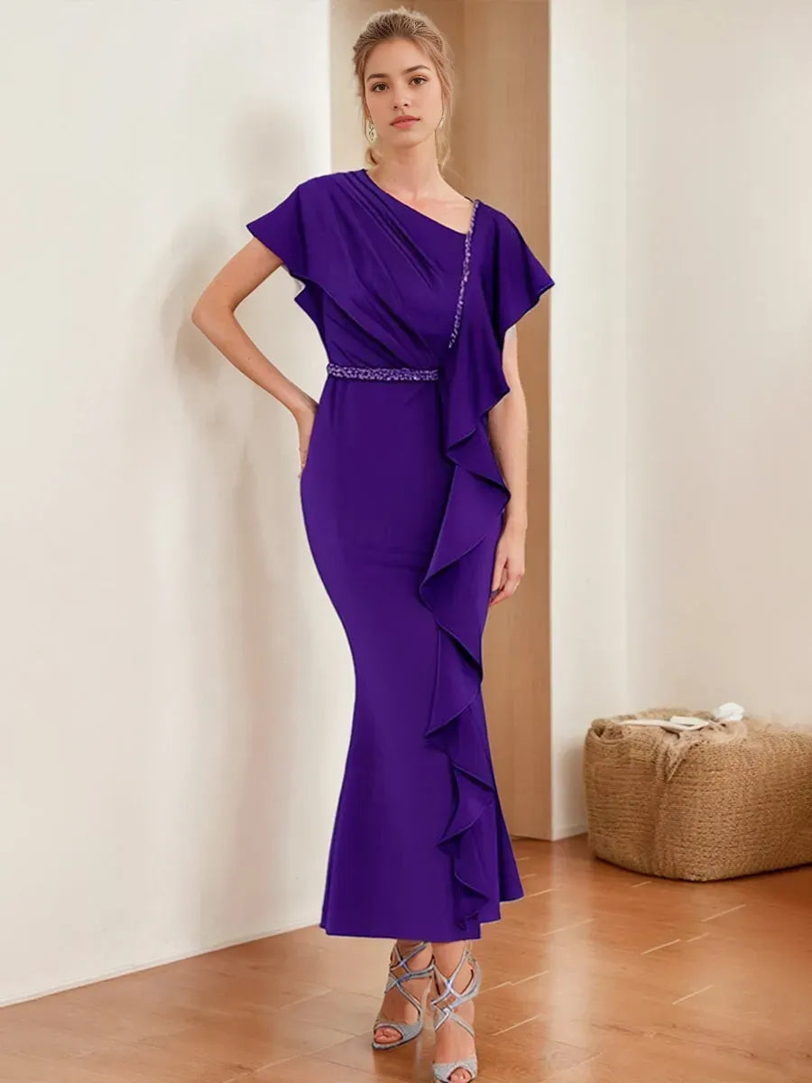Column V-Neck Short Sleeves Mother of the Bride Groom Dresses with Ruffles