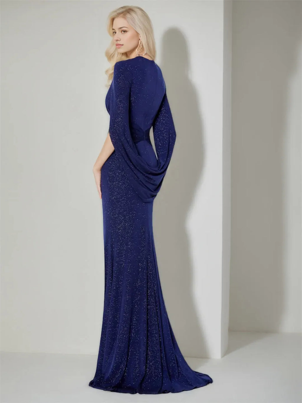 Column V-Neck Three-Quarter Sleeve Floor-Length Mother of the Bride Dresses With Ruffles
