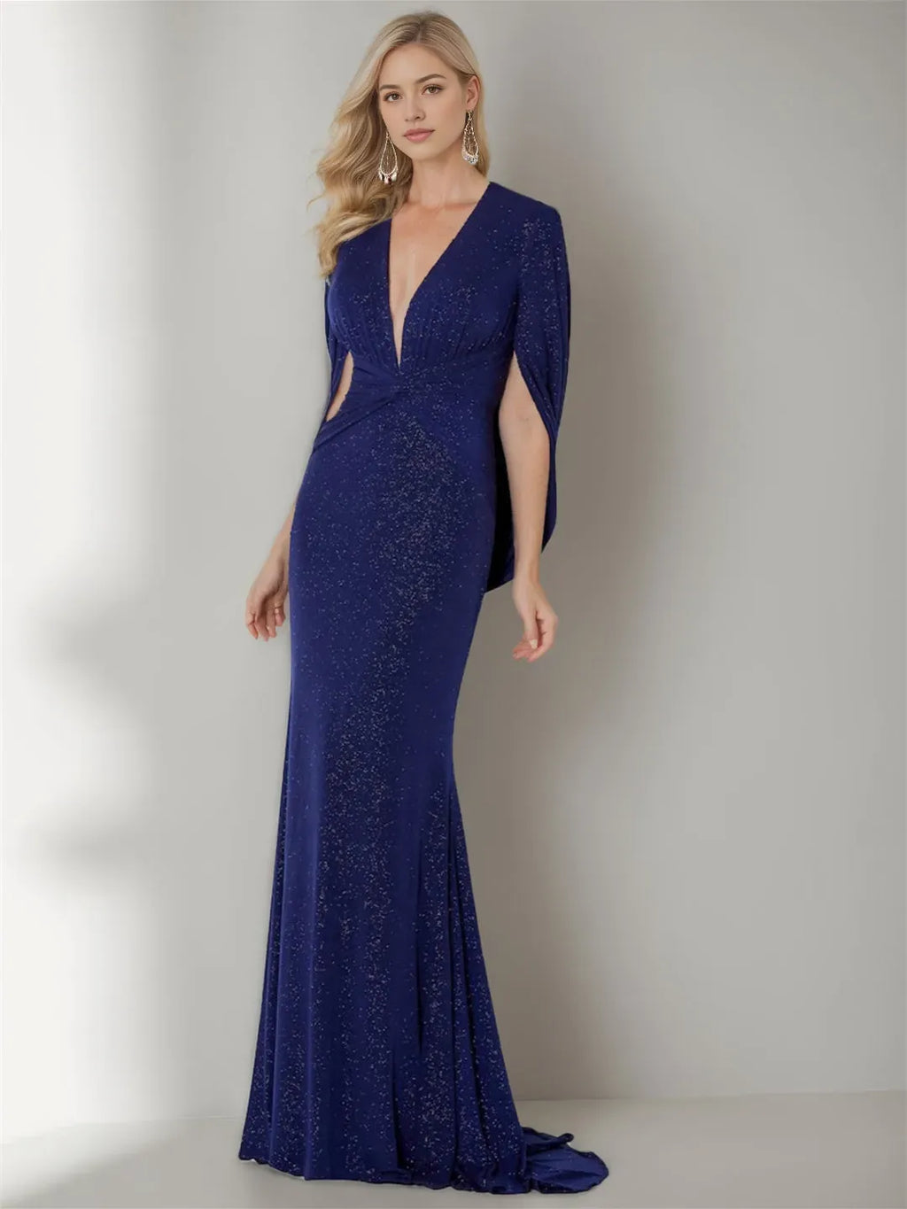 Column V-Neck Three-Quarter Sleeve Floor-Length Mother of the Bride Dresses With Ruffles