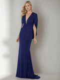 Column V-Neck Three-Quarter Sleeve Floor-Length Mother of the Bride Dresses With Ruffles