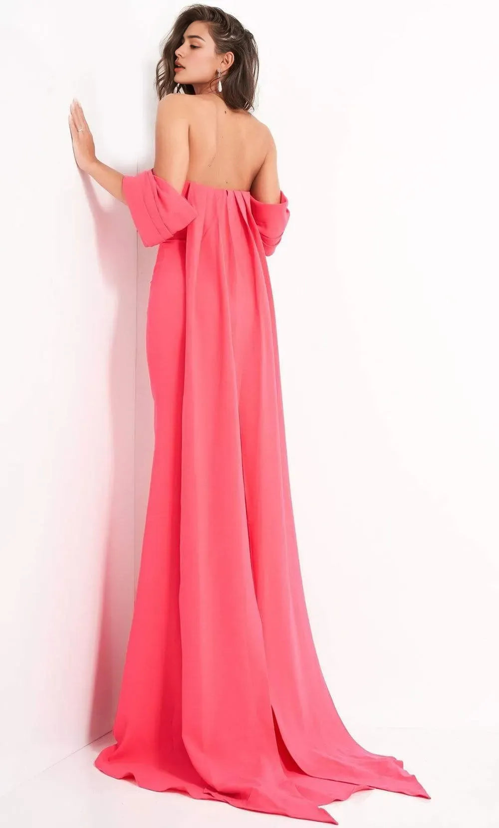 Coral Pink Off - Shoulder Evening Dresses with Asymmetric Drape Sleeve Bow Train Accent and Mermaid Fit Perfect