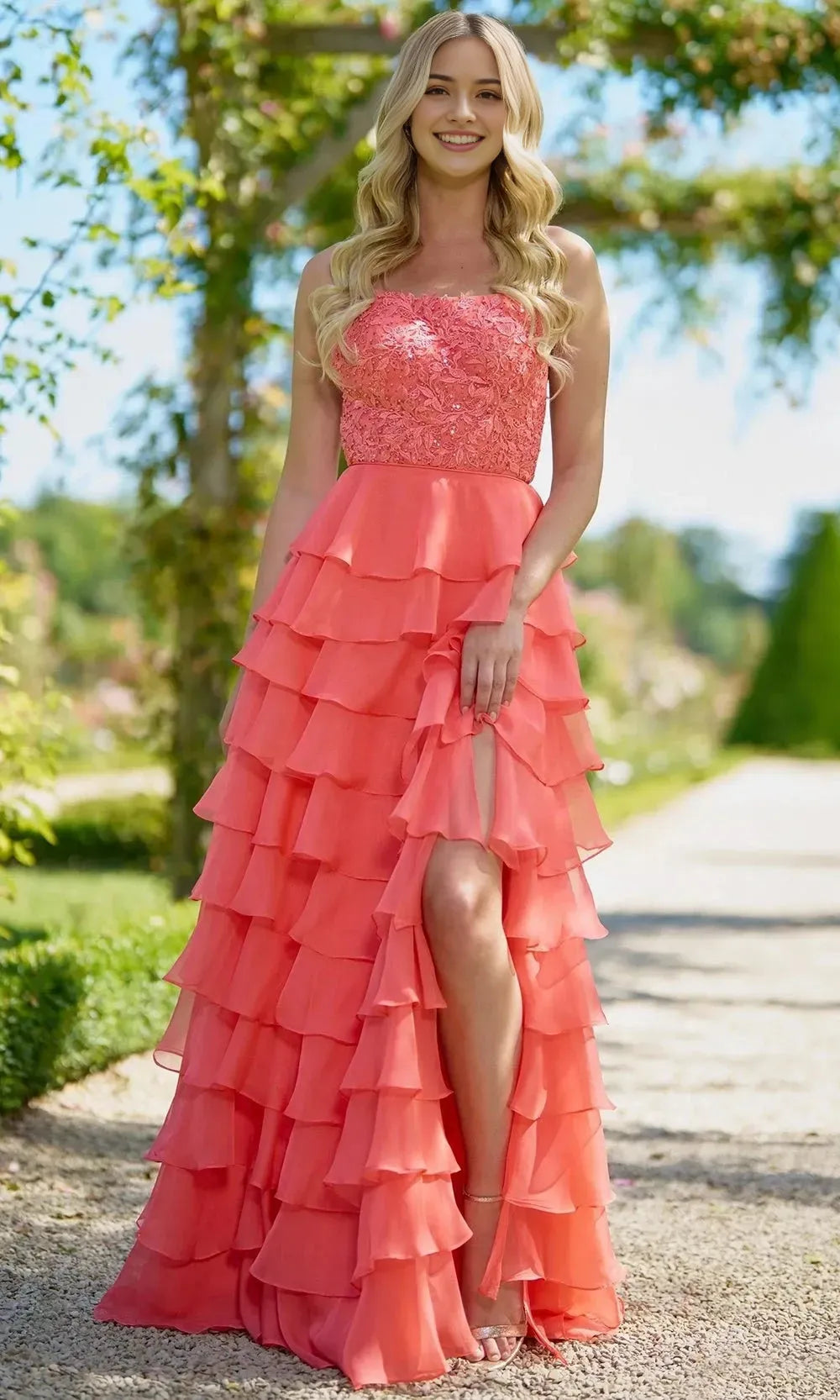 Coral Strapless Prom Dress with Bodice and Tiered Skirt featuring Side Slit for Evening Events
