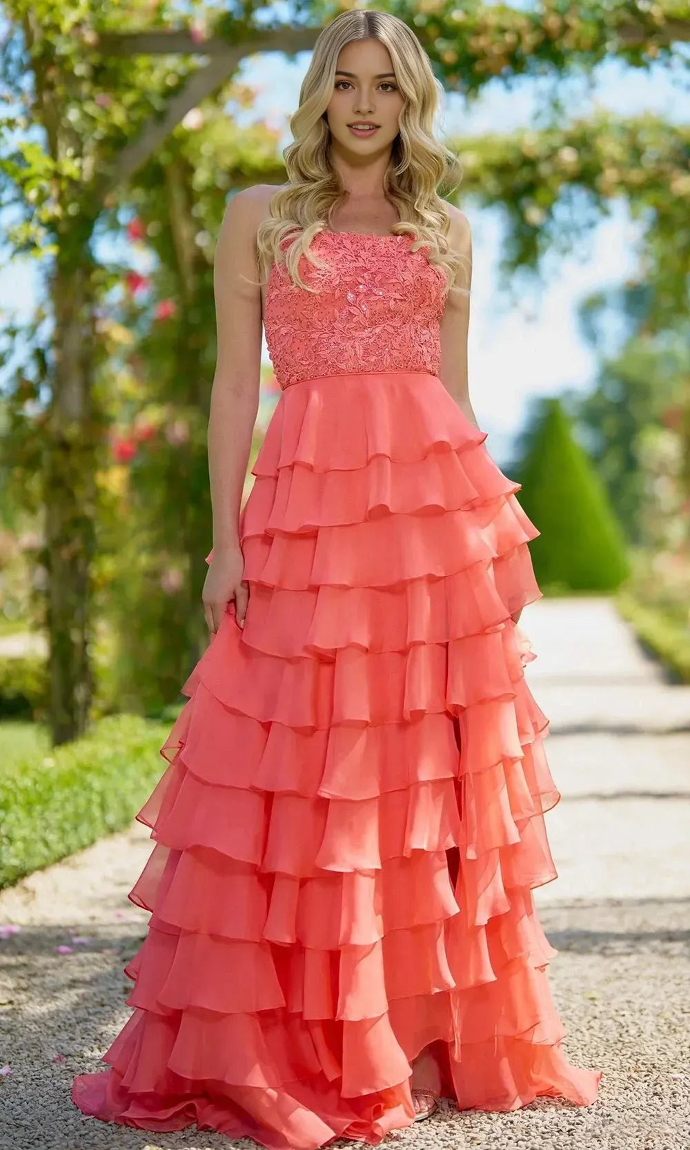 Coral Strapless Prom Dress with Bodice and Tiered Skirt featuring Side Slit for Evening Events