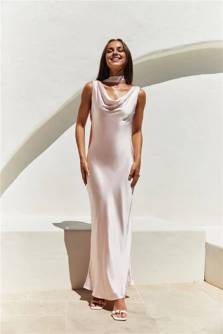 Beautiful Timeless Special Occasion Elegant Pink Satin Mermaid Cowl Sleeveless Prom Dress