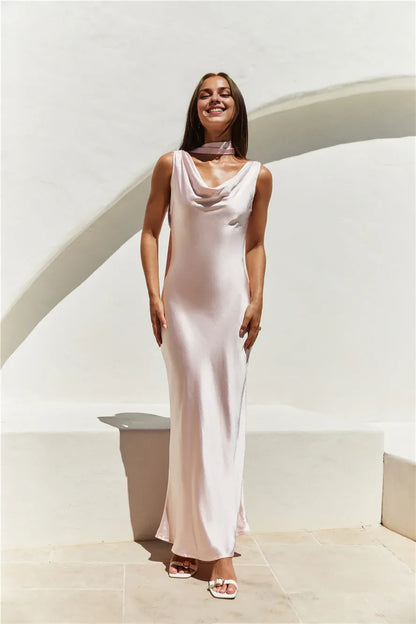 Beautiful Timeless Special Occasion Elegant Pink Satin Mermaid Cowl Sleeveless Prom Dress
