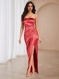 Crimson Strapless Prom Dress Ruched Detailing Side Slit for Timeless Gala Elegance
