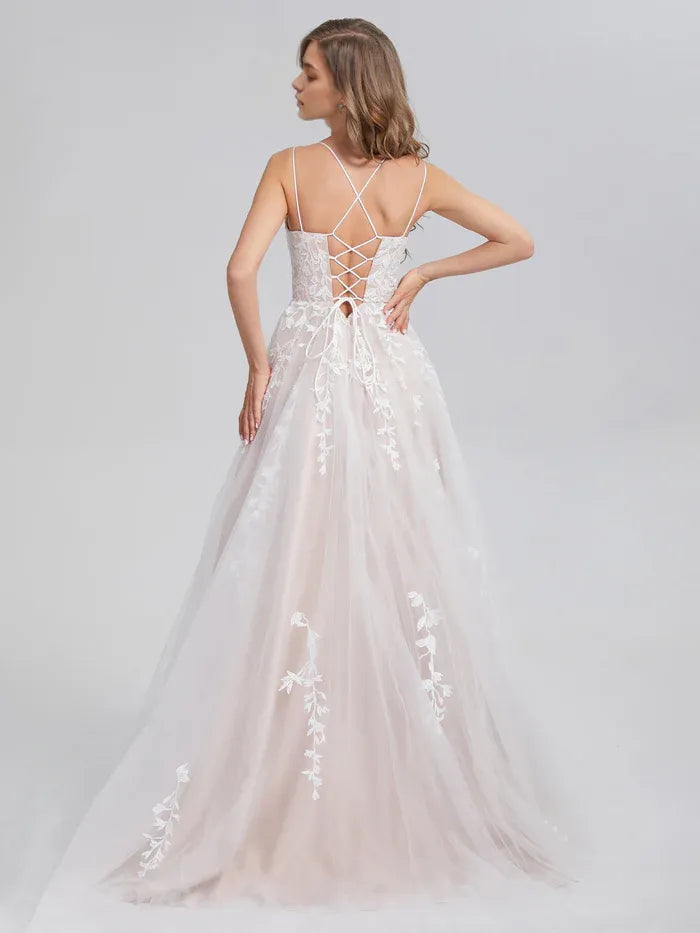 Romantic A-Line Sleeveless Crisscross Back Appliques mermaid Prom Dresses