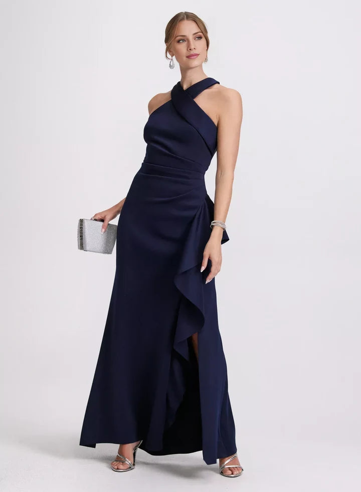 Navy Blue Crisscross Halter Ruffled High-Slit Mermaid Floor-Length Evening Dress