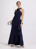 Navy Blue Crisscross Halter Ruffled High-Slit Mermaid Floor-Length Evening Dress