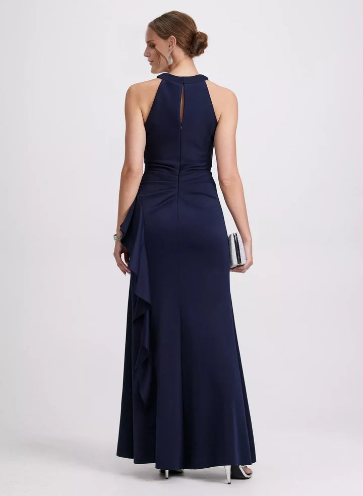 Navy Blue Crisscross Halter Ruffled High-Slit Mermaid Floor-Length Evening Dress