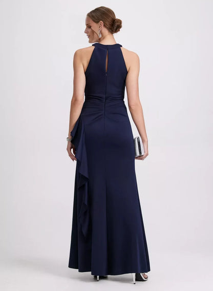 Chic Navy-Blue Mermaid Halter-Neck Sleeveless Open-Back Mini-Length Wedding Dress