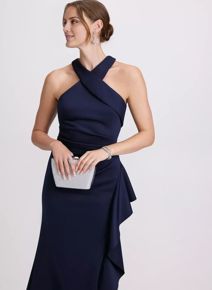 Navy Blue Crisscross Halter Ruffled High-Slit Mermaid Floor-Length Evening Dress