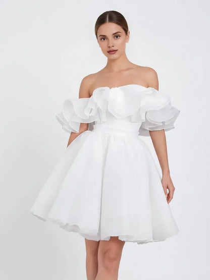 Timeless Special Occasion Elegant White Organza A-Line Off-The-Shoulder Sleeveless Mini Wedding Dress