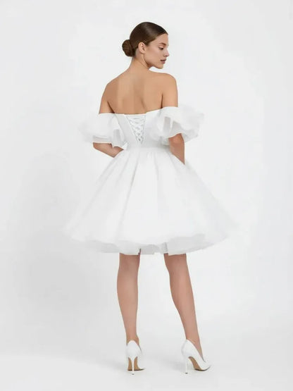 Timeless Special Occasion Elegant White Organza A-Line Off-The-Shoulder Sleeveless Mini Wedding Dress
