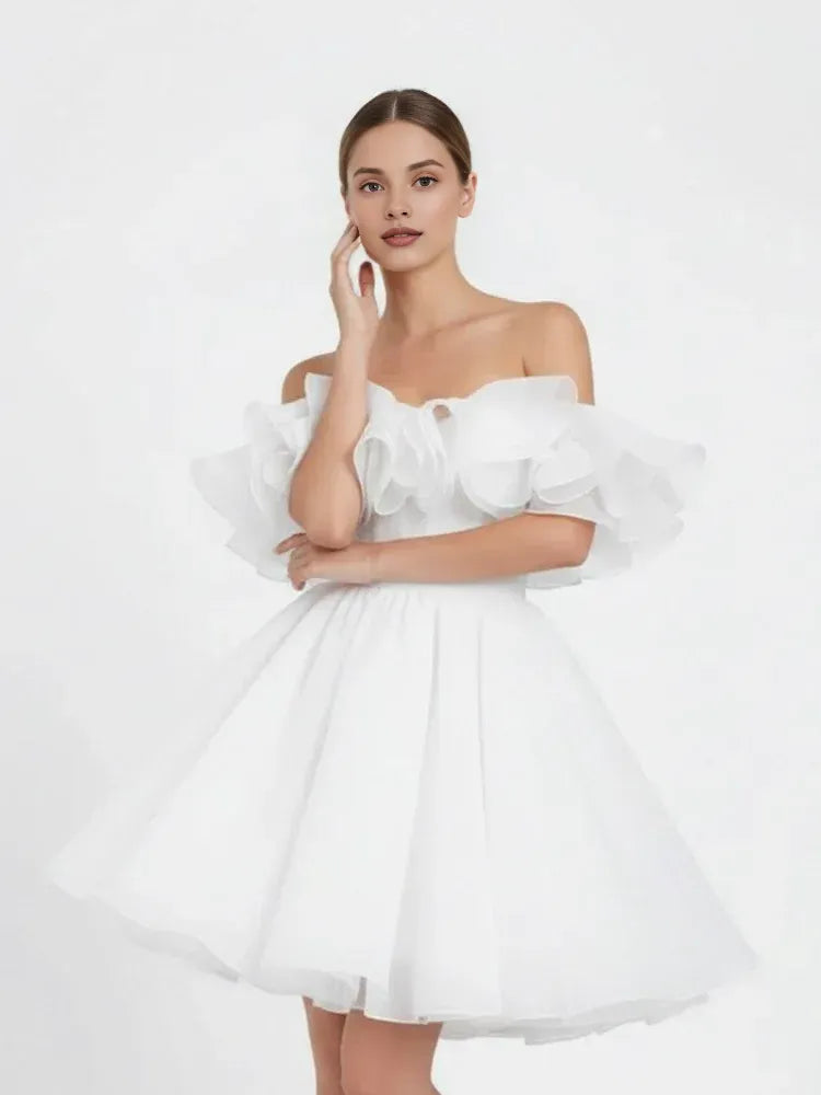 Timeless Special Occasion Elegant White Organza A-Line Off-The-Shoulder Sleeveless Mini Wedding Dress