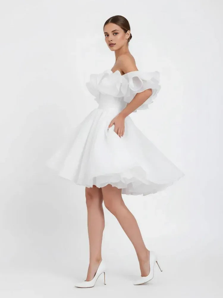 Timeless Special Occasion Elegant White Organza A-Line Off-The-Shoulder Sleeveless Mini Wedding Dress