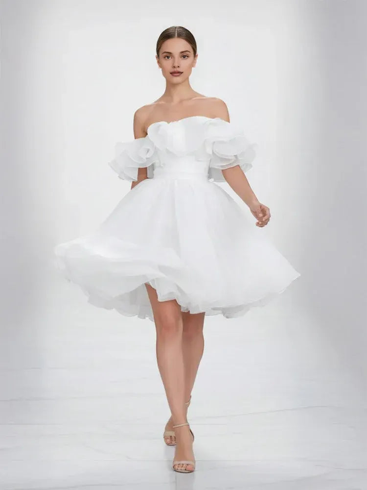 Timeless Special Occasion Elegant White Organza A-Line Off-The-Shoulder Sleeveless Mini Wedding Dress