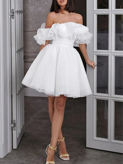 Timeless Special Occasion Elegant White Organza A-Line Off-The-Shoulder Sleeveless Mini Wedding Dress