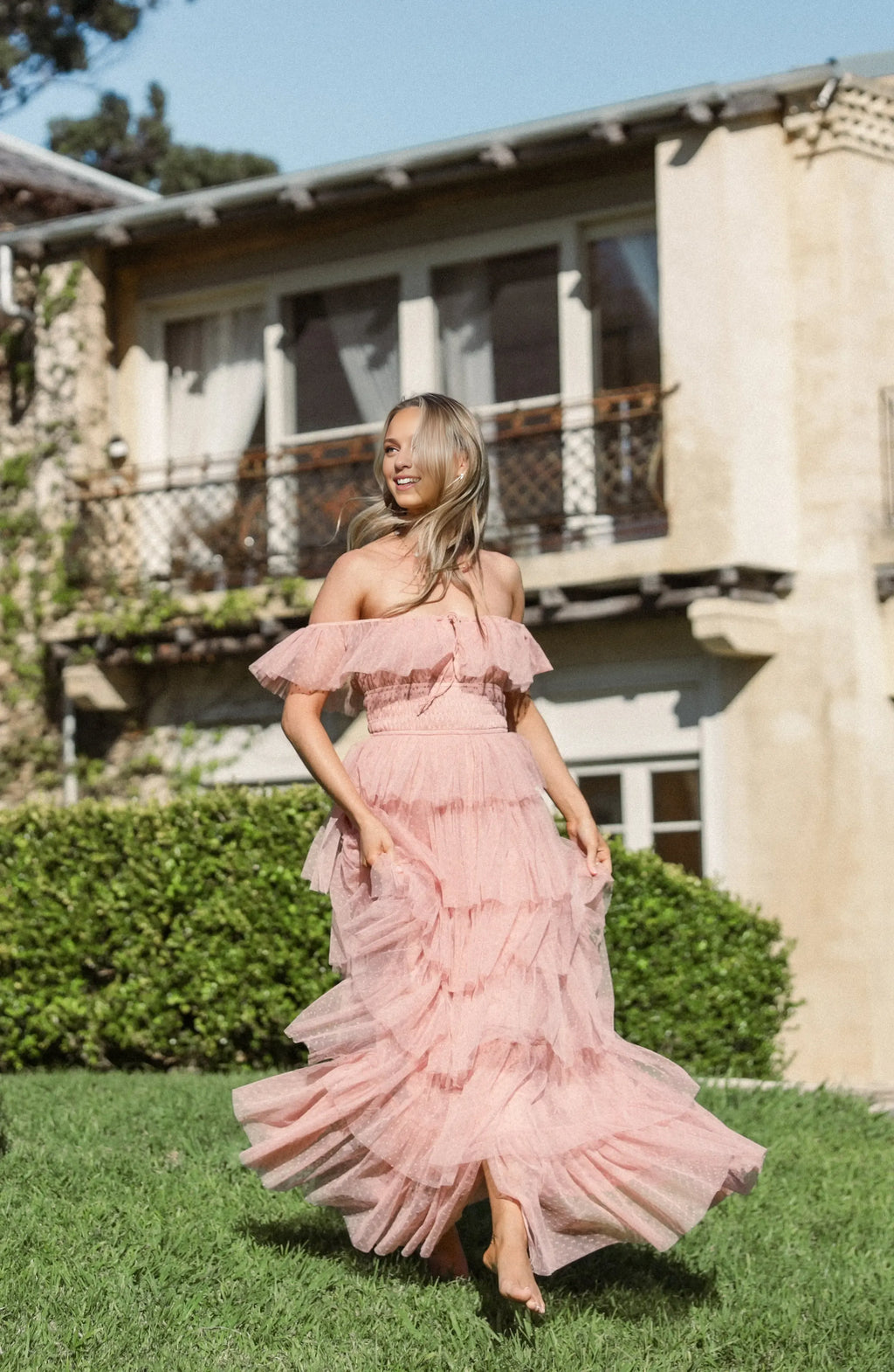 Stylish Elegant Blush Pink Tulle A-Line Square Neck Backless Floor-Length Prom Dress